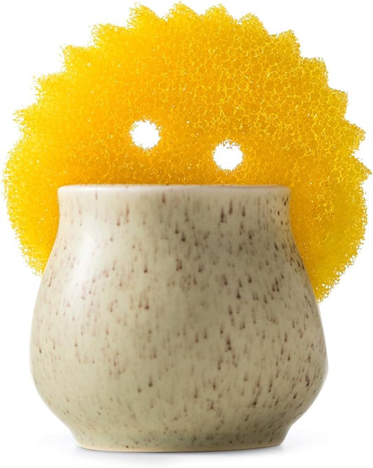 Ceramic Dish Sponge Holder, Sponge Caddy for Kitchen Sink Brush Organizer Scrub Dish Rack for Scrubbers, Bathroom, Sink, Yellow
