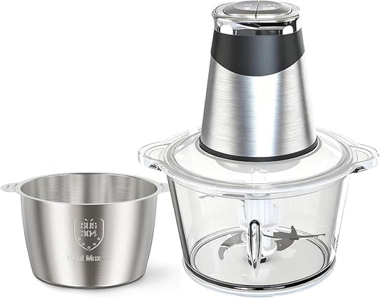 MEGAWISE Food Processor, 800W Electric Meat Grinder, 1.8L Stainless Steel Bowl & 1.8L Glass Bowl, Dual Speed Modes for Meat, Onion, Vegetables, Nuts, Fruits, Baby Food