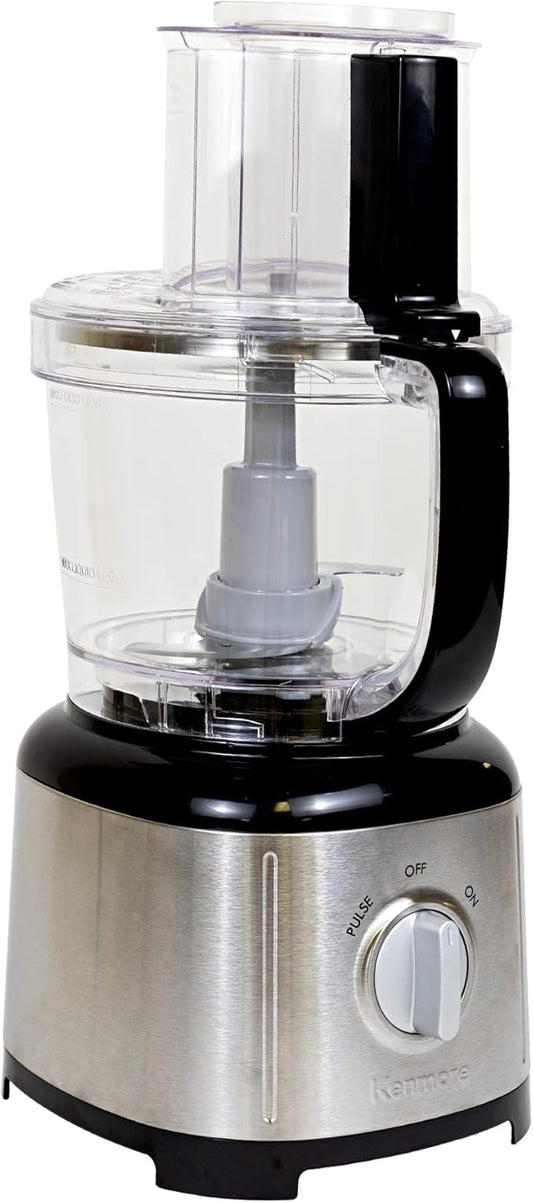 Kenmore 11-Cup Food Processor and Vegetable Chopper with Reversible Slicing/Shredding Disc, Chop, Slice, Shred, Mince, Grate, Puree, Stainless Steel, 500W, Black and Silver