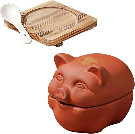 Ceramic Cooking with Lid small Heat Resistant Compatible Earthen Ceramic Cooking Pot Unglazed for Cooking, Rice Meat Soup Family Meals with Tray, spoon(11 * 9 * 9cm)