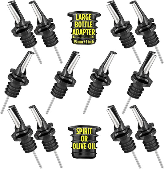 3-in-1 Liquor Pour spout with Built-in Fruit Fly Protection - Dishwasher Safe Hygienic Alcohol Speed Spouts - Also for Olive Oil, Juice, Syrup. Black 12 Pack with 2 Adapters for Large Neck Bottles