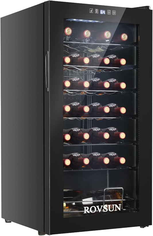 ROVSUN 28 Bottle Wine Fridge, Freestanding Compressor Wine Cooler Refrigerator, Beverage Wine Chiller with Digital Temperature Control & Double-layer Glass Door for Red White Wine, Champagne, Beer