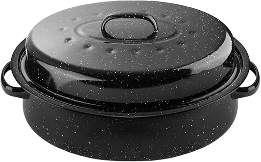 19Inch Roasting Pan, Enamel on Steel, Black Covered Oval Roaster Pan with Lid, Medium Cookware for Turkey, Small Chicken, Roast Baking Pan.