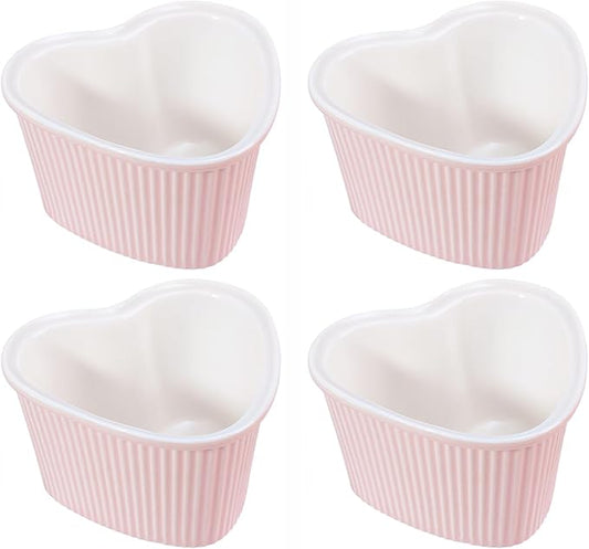 Sizikato Heart-Shaped Pink Porcelain Souffle Dishes, Ramekins - 3.5 Inches for Souffle, Creme Brulee and Dipping Sauces - Set of 4