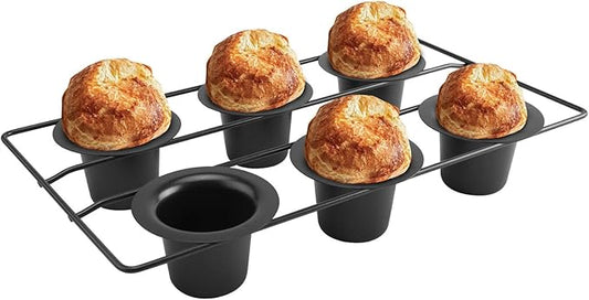 Non-Stick Popover Pan with 6 Cups, Heavy Duty Carbon Steel Yorkshire Pudding Tray, Oven Safe Baking Mold for Muffins, Canel茅, Air Fryer Compatible, Dishwasher Safe