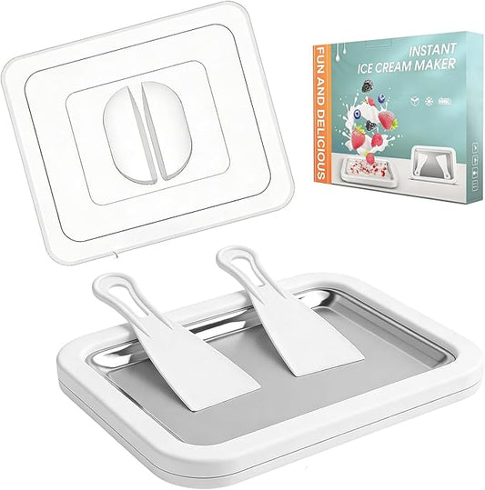 Rolled Ice Cream Maker Tray with Lid and 2 Scrapers, 304 Stainless Steel Ice Cream Roll Pan, 10.2 x 8.3 x 1.3 Inch Manual Instant Frozen Dessert Maker for DIY Ice Cream, Yogurt, Sorbet, Family Fun