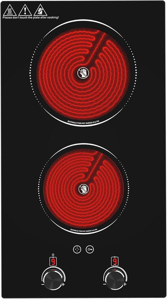 2100W Electric Cooktop 2 Burner: Electric Stove 110v-120v Hot Plate, Knob Control Countertop & Built-in Ceramic Cooktop 9 Power Levels, Child Lock, Timer, Suitable for all Pans