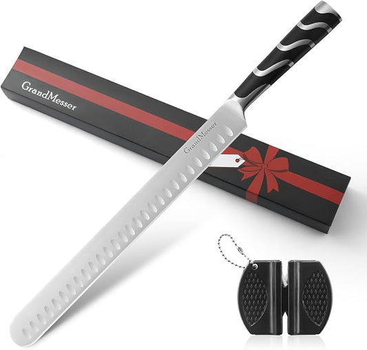 Carving Knife, 12 Inch Slicing Knife for Meat, Premium German Steel with ABS Handle, for BBQ Brisket Turkey Ham Rib Roast Beef with Sharpener.