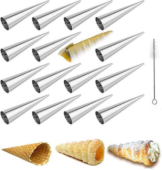 large Cream Horn Molds 5-inch, 16 PCS Cream Horns Pastry Molds with Cleaning Brush Croissant Baking Forms for Baking Croissants Bead, Chocolate Croissant, Brioche Rolls, Party Dessert
