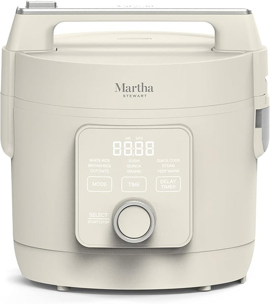 Martha Stewart Rice Cooker, 4 Cup (Uncooked) / 8 Cup (Cooked), Ceramic Non-Stick Removable Pot, Keep Warm, Measure Markings, Steam Basket, Brown & Sushi Rice, Quick Cook, Quinoa, Grains, Oats, Linen White