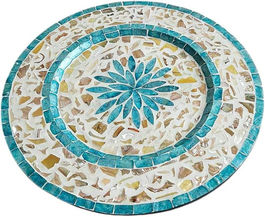 13 Inch Mother of Pearl Shell Placemat Plate – Large Round Decorative Heat for Table or Kitchen, Cabinet, Tabletop (Blue Leaf, 13 Inch)
