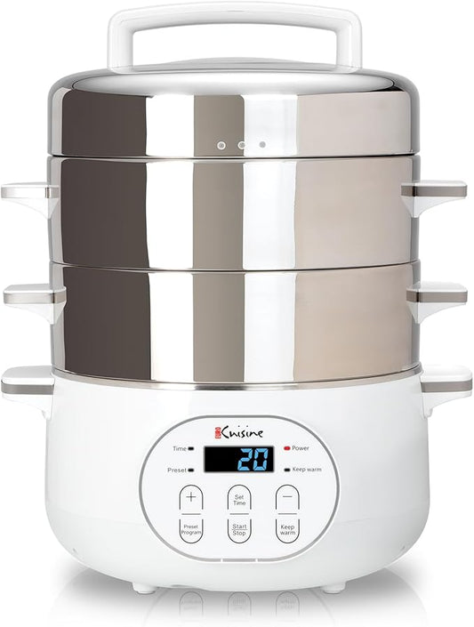Euro Cuisine FS2500 Electric Food Steamer, Versatile Vegetable Steamer & Steam Cooker Ideal for Fish, Veggie, Meat, Stainless Steel 1200 Watts