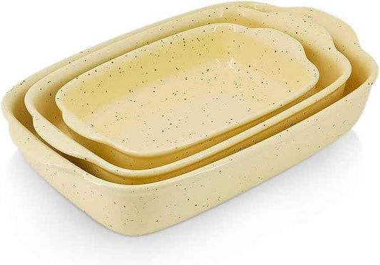 Casserole Dish Set of 3,Lasagna Pan,Ceramic Bakeware for Oven,Rectangular Baking Dishes with Handles,High Heat Resistant,Colorful Speckle Stoneware Series (13.8''/12''/9.6''Yellow)