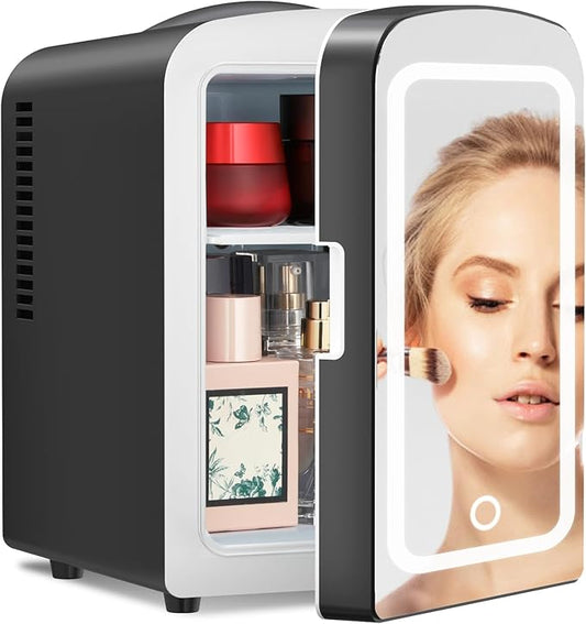 Antarctic Star 4L Makeup Mini Refrigerator With Mirror for Bedroom, Car, Office & Dorm, Portable Small Cooler for Cosmetics, Skin Care, Black