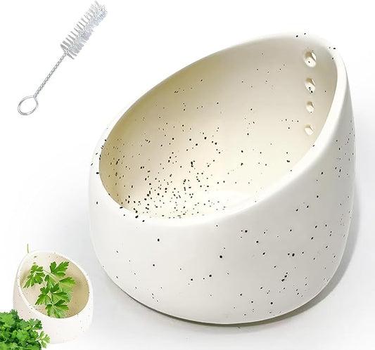 Ceramic herb stripper bowl,a 4-hole kitchen & garden tool with ergonomic handle for easy herb stem removal. Easy to clean, perfect for home cooks & gardeners (White)