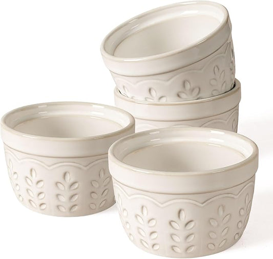 Artena Ramekins Oven Safe, Creme Brulee Ramekins, Embossed White Ceramic Souffle Pudding Custard Cups, Baking Dish, Dipping Bowls, Sauce Cups, Set Of 4 (Wheat Leaf, 4 oz)