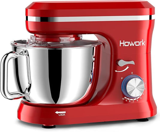 HOWORK Electric Stand Mixer,10+p Speeds With 6.5QT Stainless Steel Bowl,Dough Hook, Wire Whip & Beater,for Most Home Cooks (Red)