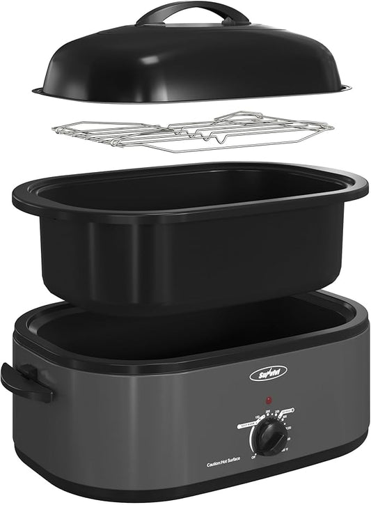 Royalcraft Roaster Oven with Self-Basting Lid, 18qt Electric Roaster with Removable Pan & Rack, Turkey Roaster Oven with Defrost & Warm Function, Stainless Steel, Grey
