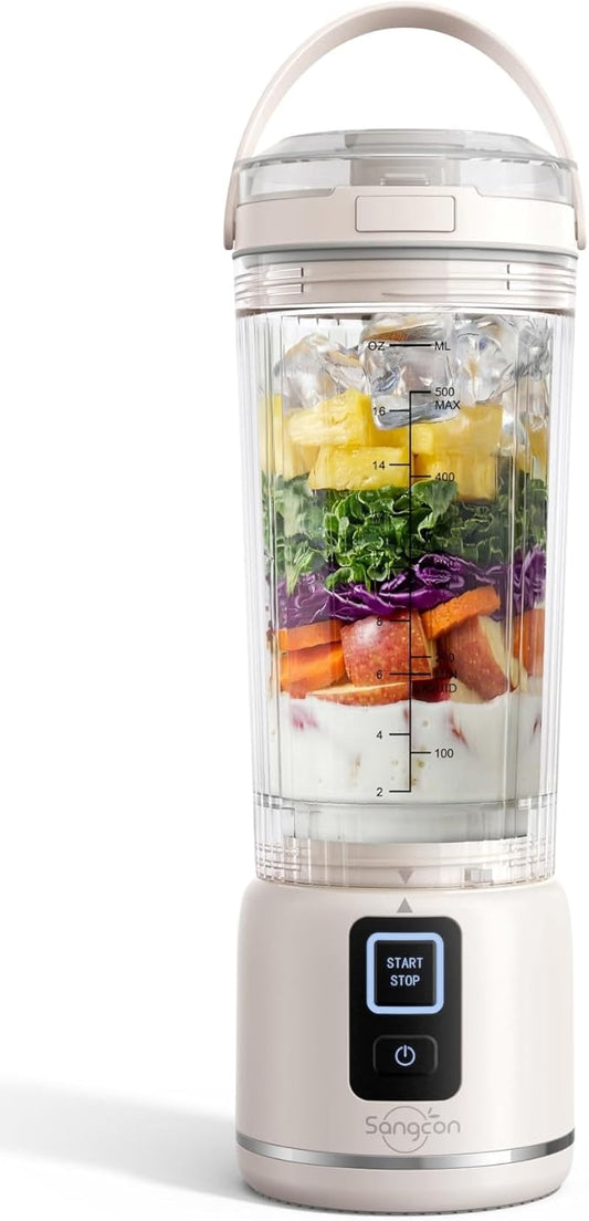 Sangcon Personal Portable Blender for Shakes & Smoothies, 6000mAh Cordless USB-C Rechargeable Blender with 2 Blend Modes, Leakproof Travel Lid, Dishwasher Safe, Ideal for Gym Office Kitchen, BPA-Free
