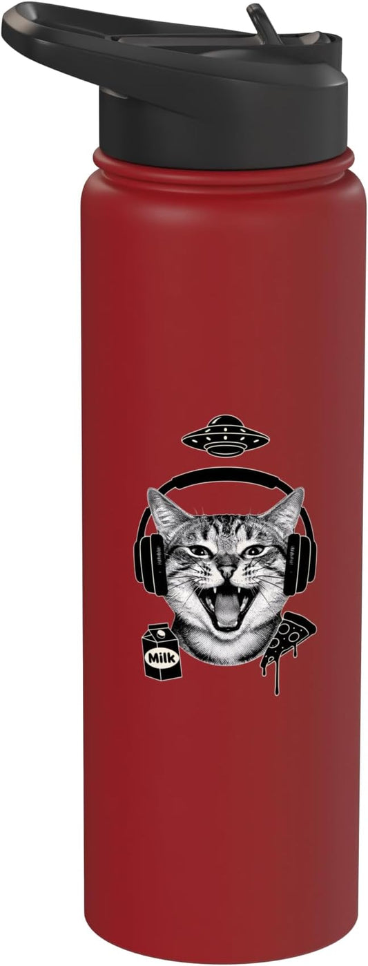 Cat With Headphones Milk Pizza Retro Alien Nostalgia Stainless Steel Insulated Water Bottle