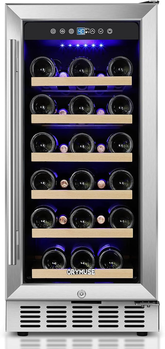 ORYMUSE 15 Inch Wine Cooler Under Counter, 30 Bottle Wine Fridge with Stainless Steel Glass Door, Built-In or Freestanding Wine Cellar with Removable Shelves and Digital Temperature Control