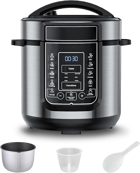 6 Qt Electric Pressure Cooker 9-in-1, 14 Presets Instant Multi-Function Pot, Slow Cooker, Rice Cooker, Cake Maker, Non-Stick, Stainless Steel