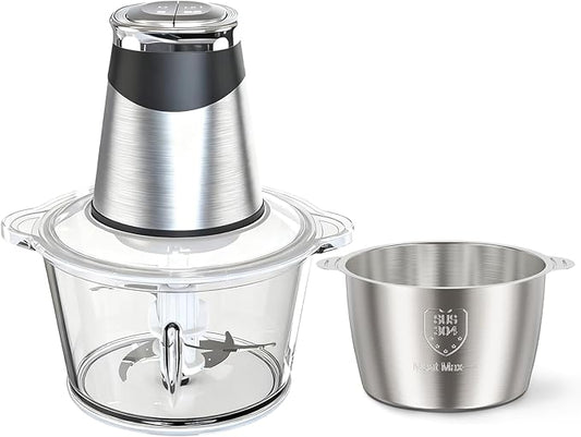 MEGAWISE Electric Food Processor, 800W Meat Grinder & Vegetable Chopper - 2 Bowls (3L Stainless Steel + 3L Glass) with 4 Blades, Dual-Speed Food Chopper for Meat, Fruits, Vegetables, and Nuts
