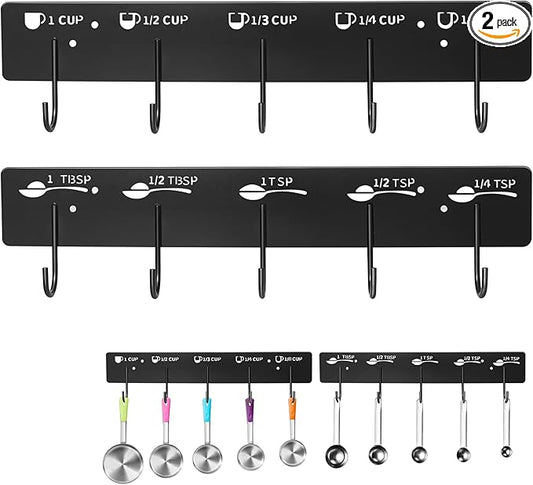 2 Pack Measuring Cups and Spoons Hanging Rack, Black Hanging Cups and Spoons Rack, Space Saving Kitchen Utensil Holder, Including Screw and Adhesive Mounting