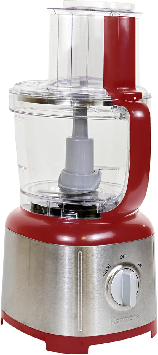 Kenmore 11-Cup Food Processor and Vegetable Chopper with Reversible Slicing/Shredding Disc, Chop, Slice, Shred, Mince, Grate, Puree, Stainless Steel, 500W, Red and Silver
