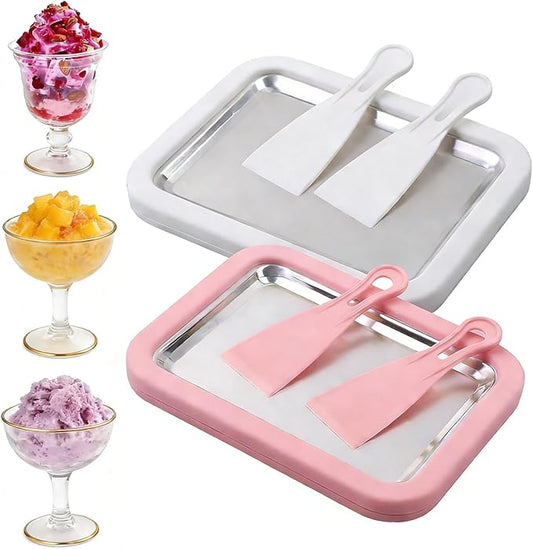 Rolled Ice Cream Maker, New At-Home Ice Cream Roller Maker, DIY Fun Family Activity Instant Ice Cream Tray with Instant Freeze Tray and 2 Scrapers(White+Pink)