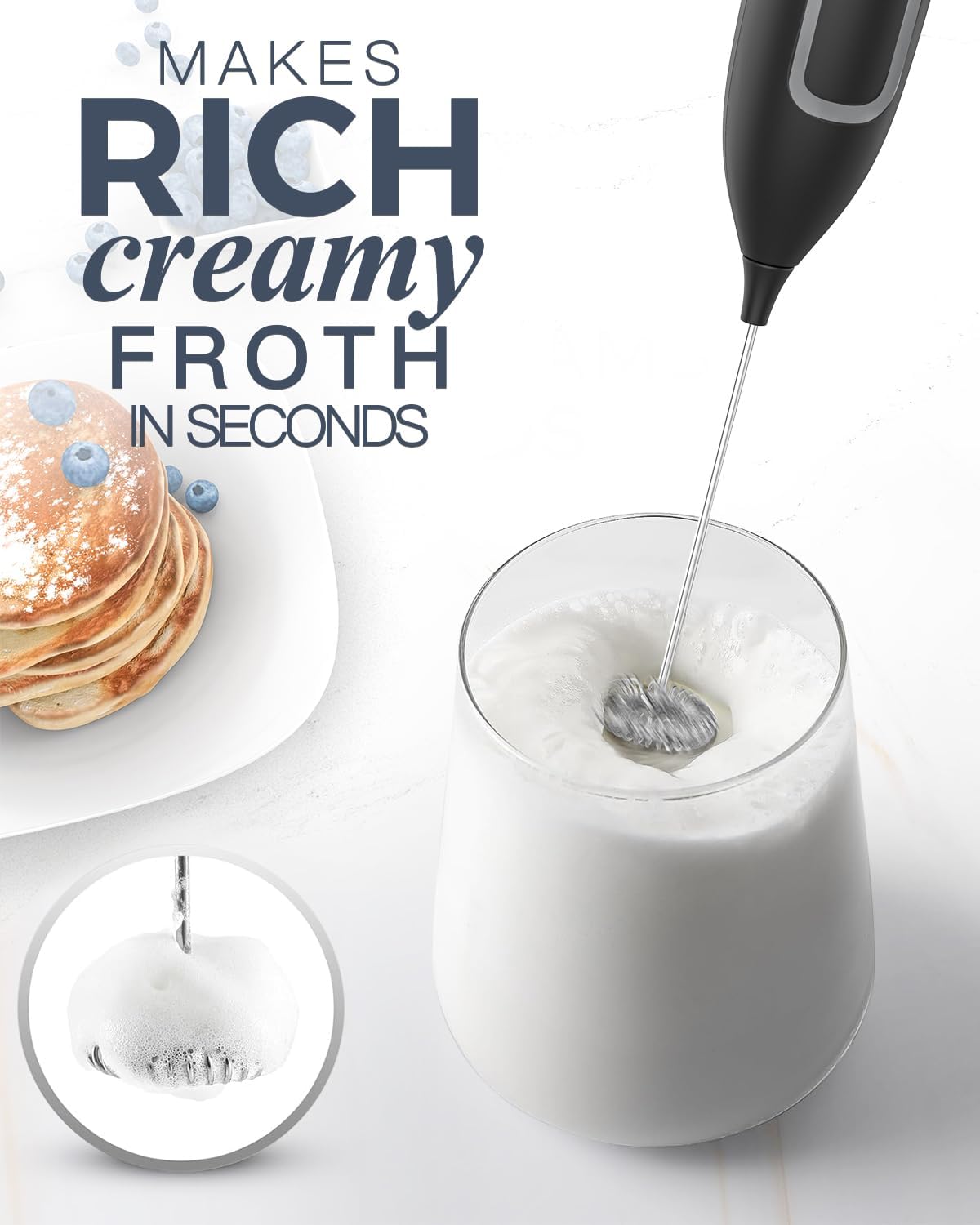 Milk Frother Handheld Battery, Electric Foam Maker Frother Wand, Drink Mixer with Stainless Steel Whisk for Coffee, Matcha, Lattes, Cappuccino Black