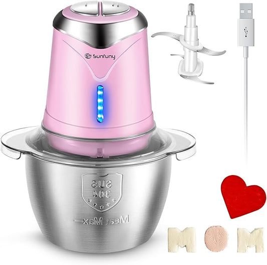 Food Processor Cordless Meat Garlic Chopper with 5 Cup Stainless Steel Bowl, 6000mAh USB Rechargeable Electric Vegetable Chopper Baby Food Processor Blender Mini Kitchen Mixer, Mom's Gift(Pink)