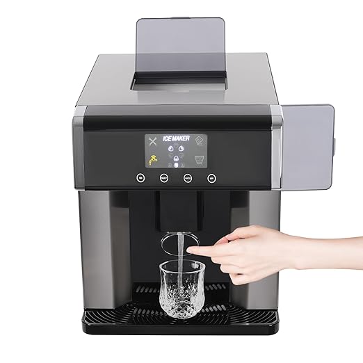 2-in-1 Nugget Ice Maker & Cold Water Dispenser, Portable Countertop Ice Maker Dispenser with LCD Display Self-Cleaning Mode, Touch Control 8-12mins Electric Ice Dispenser for Home, Office