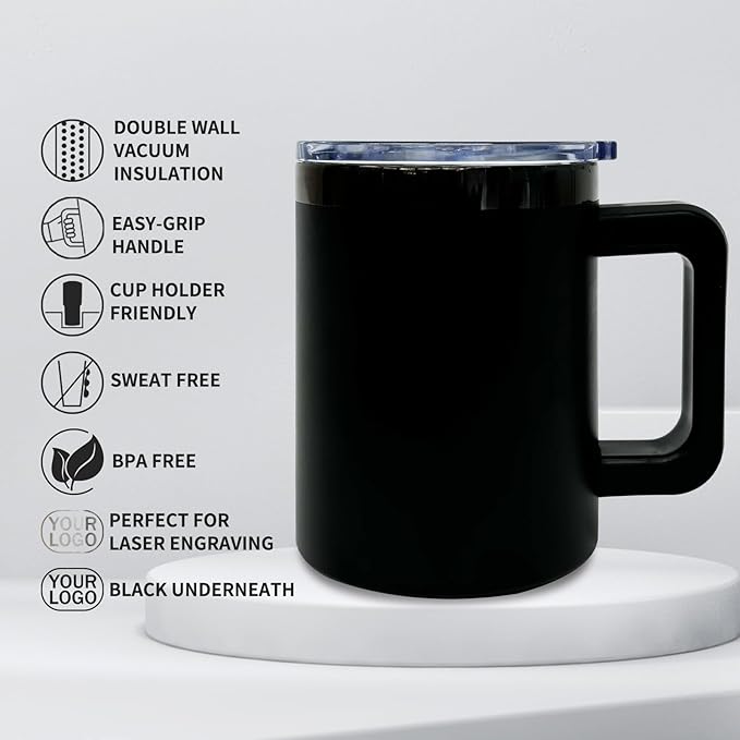 10 oz Tumblers with Handle and Straw Stainless Steel Insulated Coffee Mug for Laser Graving 20oz Powder Coated Cup with Black Plated(Black,6 pack)