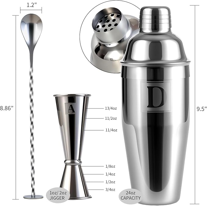 24oz Cocktail Shaker Set with 1 oz 2oz Jigger - Monogramm Initials Martini Shaker Set - 304 Stainless Steel Bar Shaker for Margarita,Mojito-Personalized Gift for Friend,Husband-A