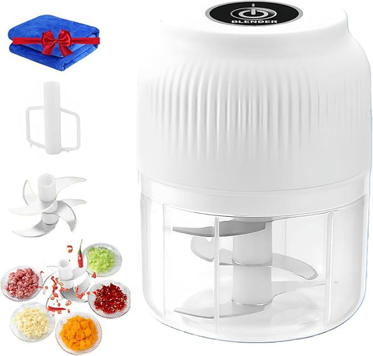 300ML USB Rechargeable Electric Garlic Chopper, Mini Portable Veggie Cutter with Eggbeater&4/6 Knife Heads, Veggie Chopper with Container and Lid, Vegetable Crusher (White B)