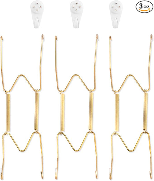 3 Pack Plate Hangers for The Wall, Suitable for 8-10 inch Art Plate, Stainless Steel Invisible Heavy Duty Wire Plate Holder with Wall Hooks, Plate Hangers for Displaying Plates, Platter, Dish, Gold