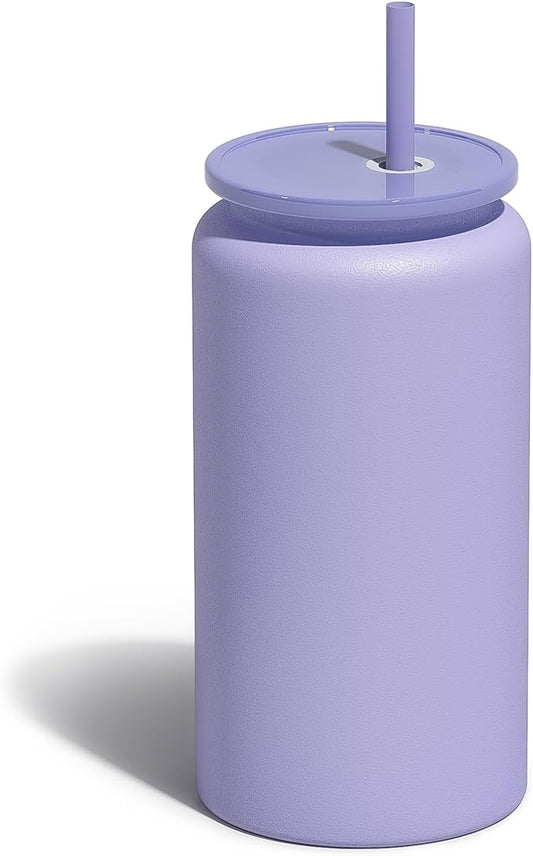 16oz Glass Cups With Lids and Straws, Stainless Steel Beer and Iced Coffee Cup, Smoothie Drinking Cup, Purple (Textured Matte Finish, Not Sublimatable)