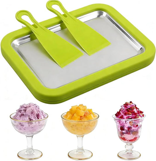 Rolled Ice Cream Maker, New Homemade Ice Cream Roller Maker, Instant Ice Cream Maker, DIY Fun Family Activity Rolled Ice Cream Tray for Yogurt, Sorbetand and Gelatod with 2 Scrapers(Green)
