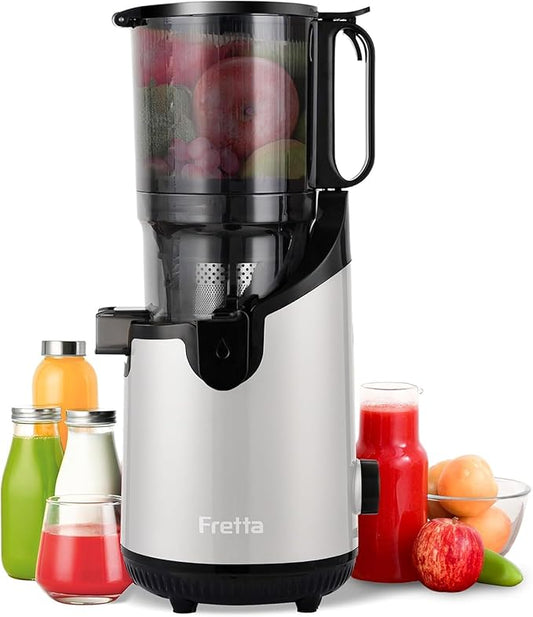 Cold Press Juicer,Fretta Juicer Machines with American-Sourced PCTG Material and 5.3" Extra Large Feed Chute,Fit Whole Fruits & Vegetables,BPA Free 250W(Silver,1.8L)