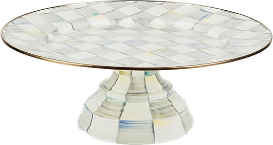 MACKENZIE-CHILDS Enamel Pedestal Platter, Round Cake Stand, Large, Gray-and-White Sterling Check