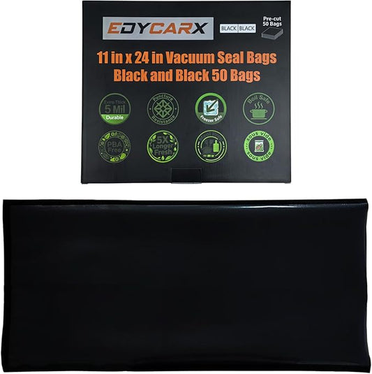 11" x 24" All Black Vacuum Seal Bags (Black and Black), Precut Vacuum Sealer Bags for Food Storage, Heavy Duty Commercial Grade 5 Mil Vacuum Bags, 50 Count