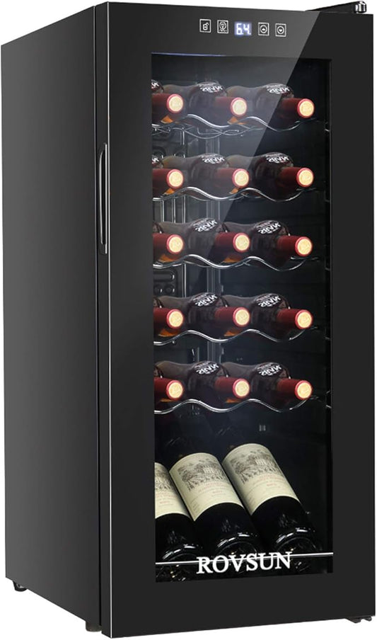 ROVSUN 18 Bottle Wine Fridge, Freestanding Compressor Wine Cooler Refrigerator, Beverage Wine Chiller with Digital Temperature Control & Double-layer Glass Door for Red White Wine, Champagne, Beer