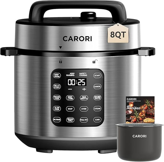 CARORI 9-in-1 Electric Pressure Cooker, 1000W Instant Multi-Cooker with IMD Touchscreen, Olla de Presion, Non-Stick Pot, Rice Cook, Slow Cook, Steamer, Sauté, Warmer, Safe Venting, Silver 8 Qt