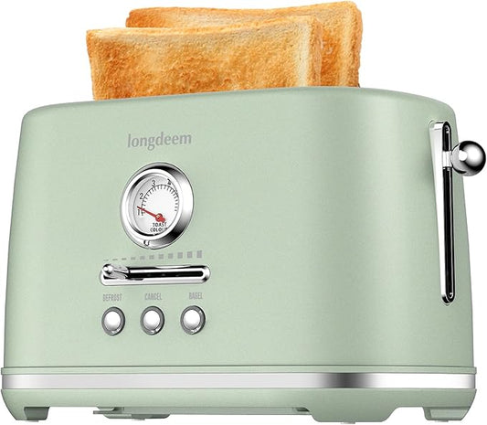 LONGDEEM Toaster 2 Slice with Extra Wide Slots & Removable Crumb Tray 6 Browning Options, Auto Shut Off & Frozen Function, Toast Fruit Bread, Bagel & Waffle, Green