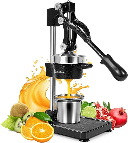 Cast Iron Juicer, Manual Citrus Press, Heavy Duty Hand Press Fruit Squeezer with Stable Base & Maximum Juice Yield for Orange Lemon Lime Pomegranate, Black
