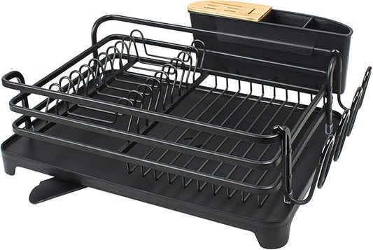 BRIAN & DANY Aluminum Dish Drying Rack, Dish Racks for Kitchen Counter, Dish Drainer with Removable Cutlery Holder & Cup Holder, 16.5" L x 11.8" W, Black