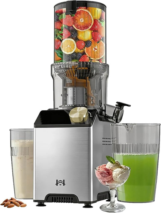 Cold Press Juicer, Wide Feed Chute Juicer Machines, Stainless Steel Slow Masticating Juicers Easy to Clean, Vegetables & Fruits Juice Extractor, High Juice Yield, Brass Color Knob