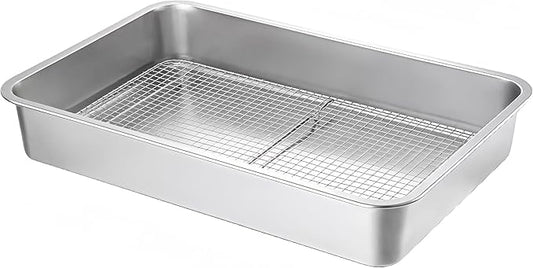 Stainless Steel Sturdy Roasting Pan with Cooling Rack – Oven, Toaster & Grill Safe, Deep Edge, Smooth Finish, Dishwasher Safe – Perfect for Turkey, Chicken, BBQ (23.4x15.6x2.8in)