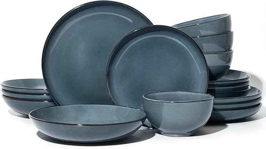 16 Piece Double Bowl Dinnerware Sets with Pasta Bowls, Highly Chip and Crack Resistant Plates and Bowls Sets, Natural Earthyware Ceramic Dishware Sets, Service for 4 Jeans Blue